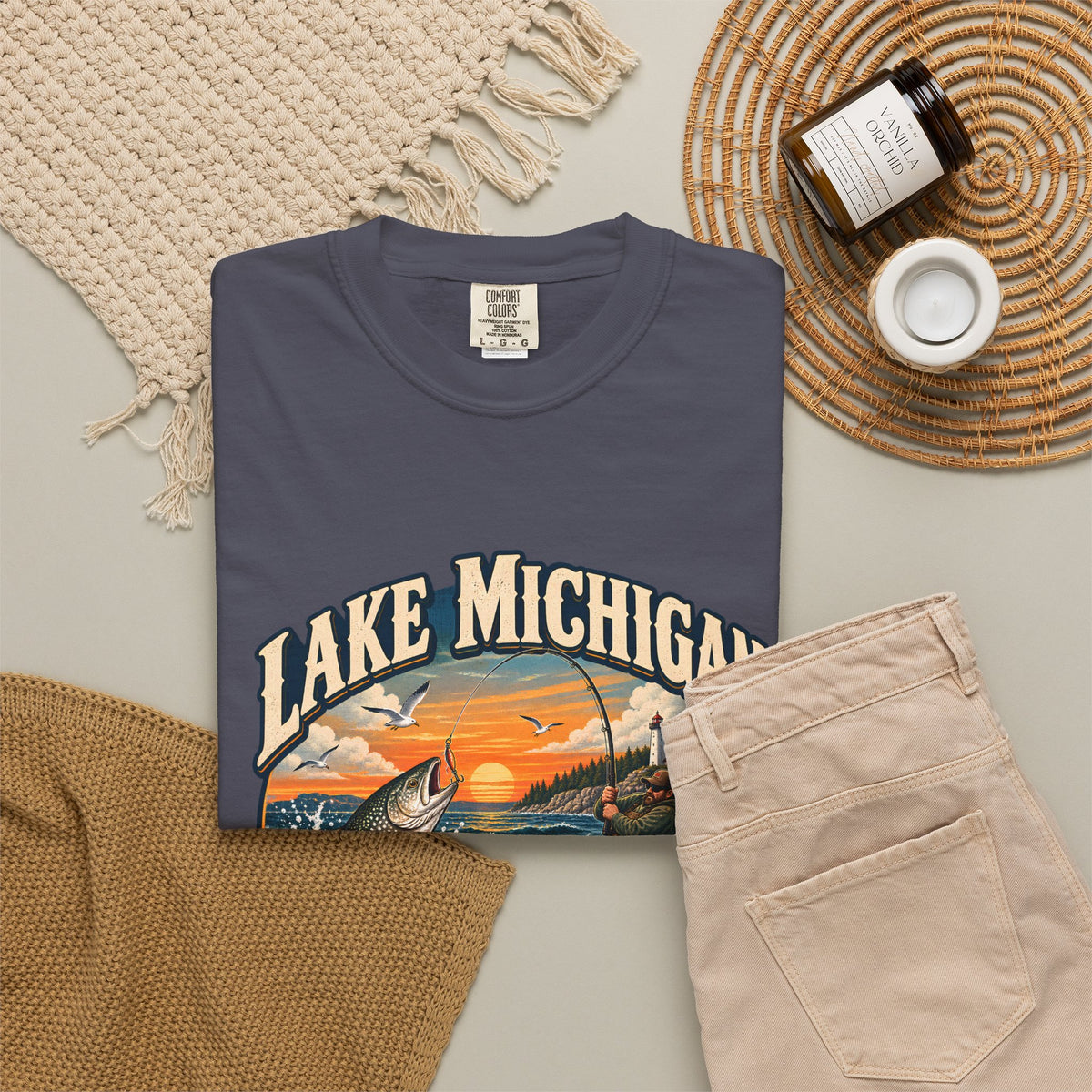 Comfort Colors® Lake Michigan Fishing T-Shirt, Great Lakes Angler Gift, Trout Fisherman Sunset Graphic Tee, Michigan Fishing Lover Shirt