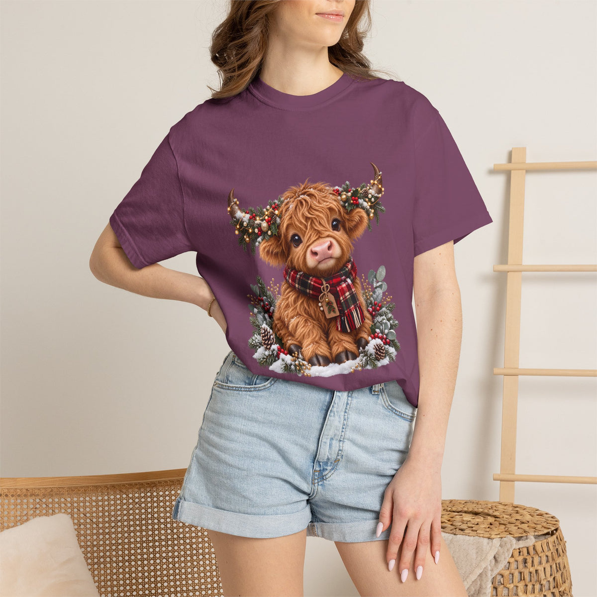Comfort Colors® Cute Highland Cow Christmas T-Shirt, Festive Cow Lover Gift, Winter Farm Lover Gift, Christmas Farm Animal Gift