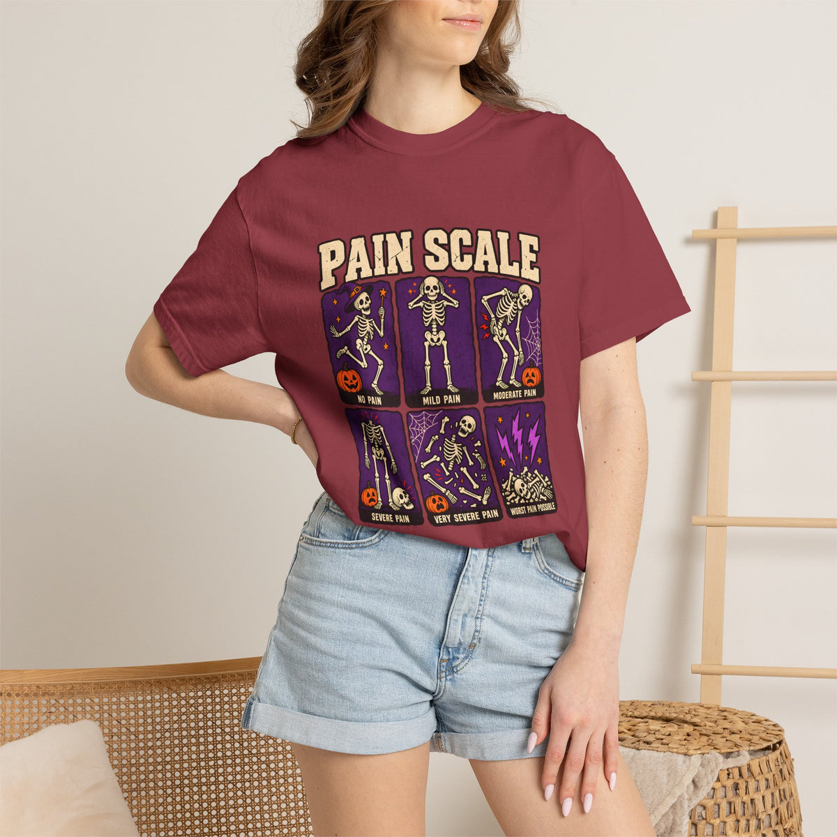 Comfort Colors® Pain Scale Skeleton T-Shirt, Funny Halloween Skeleton Gift, Spooky Medical Humor Gift, Nurse Doctor Halloween Graphic Tee