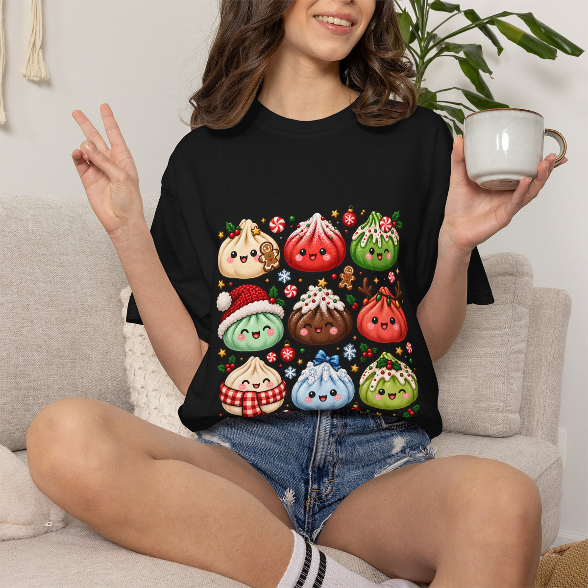 T-shirt de Noël mignon « Comfort Colors® » avec raviolis, cadeau kawaii pour amateur de cuisine pour les fêtes, pour les fans de raviolis, cadeau gourmand de Noël mignon
