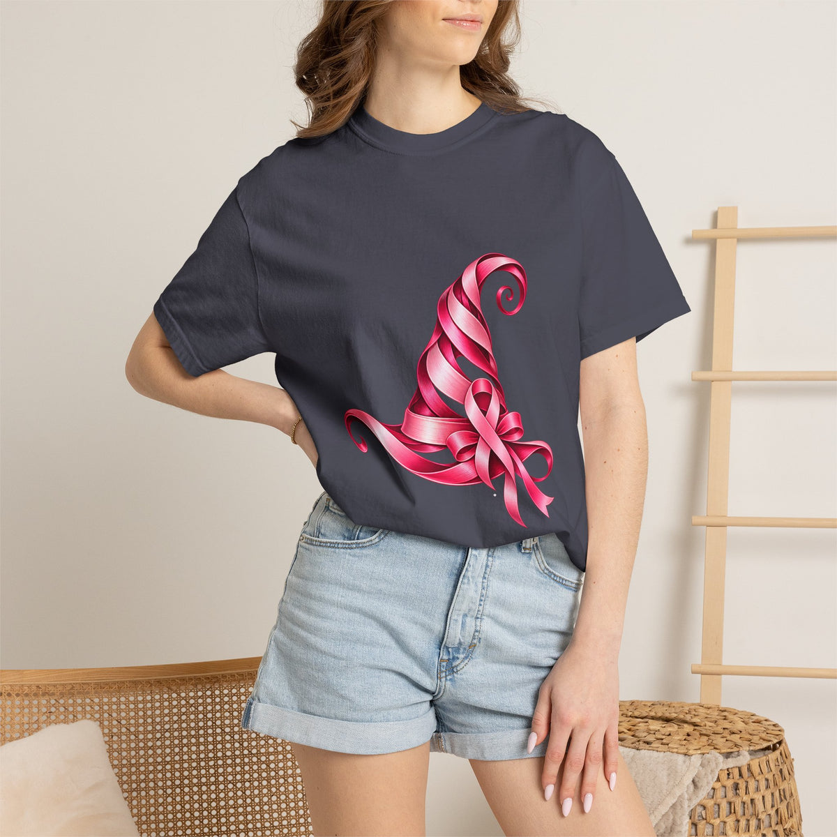 Comfort Colors® Pink Ribbon Witch Hat T-Shirt, Breast Cancer Awareness Gift, Halloween Survivor Support Tee, Pink October Witchy Shirt