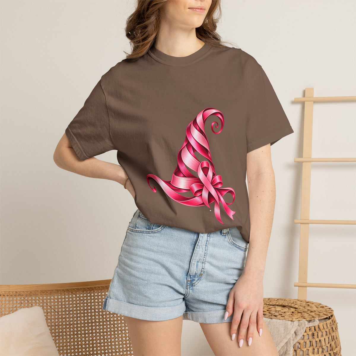 Comfort Colors® Pink Ribbon Witch Hat T-Shirt, Breast Cancer Awareness Gift, Halloween Survivor Support Tee, Pink October Witchy Shirt