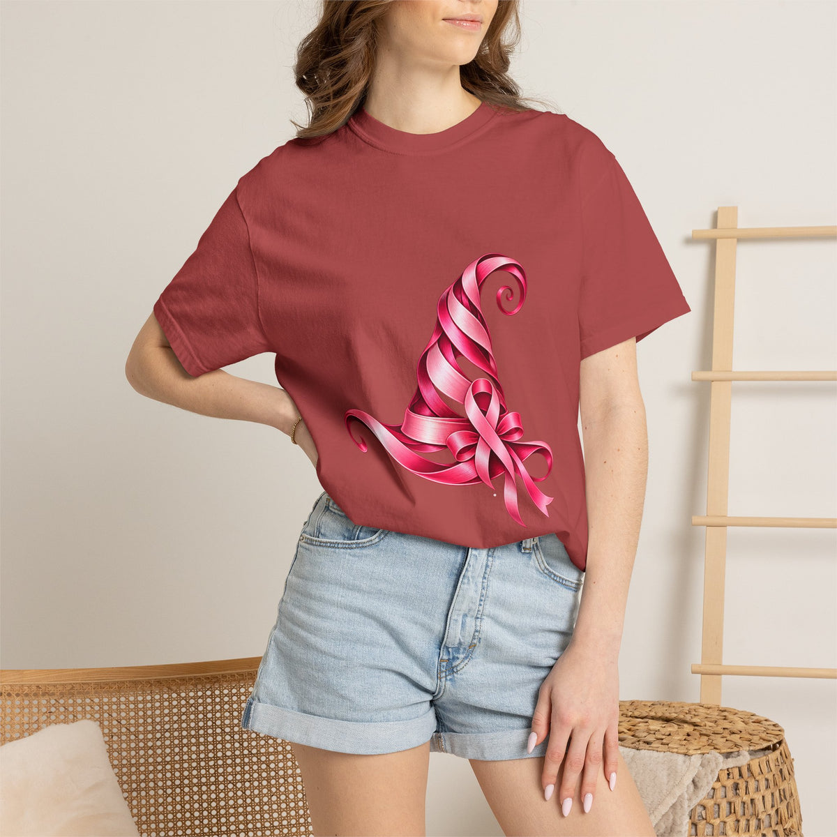 Comfort Colors® Pink Ribbon Witch Hat T-Shirt, Breast Cancer Awareness Gift, Halloween Survivor Support Tee, Pink October Witchy Shirt