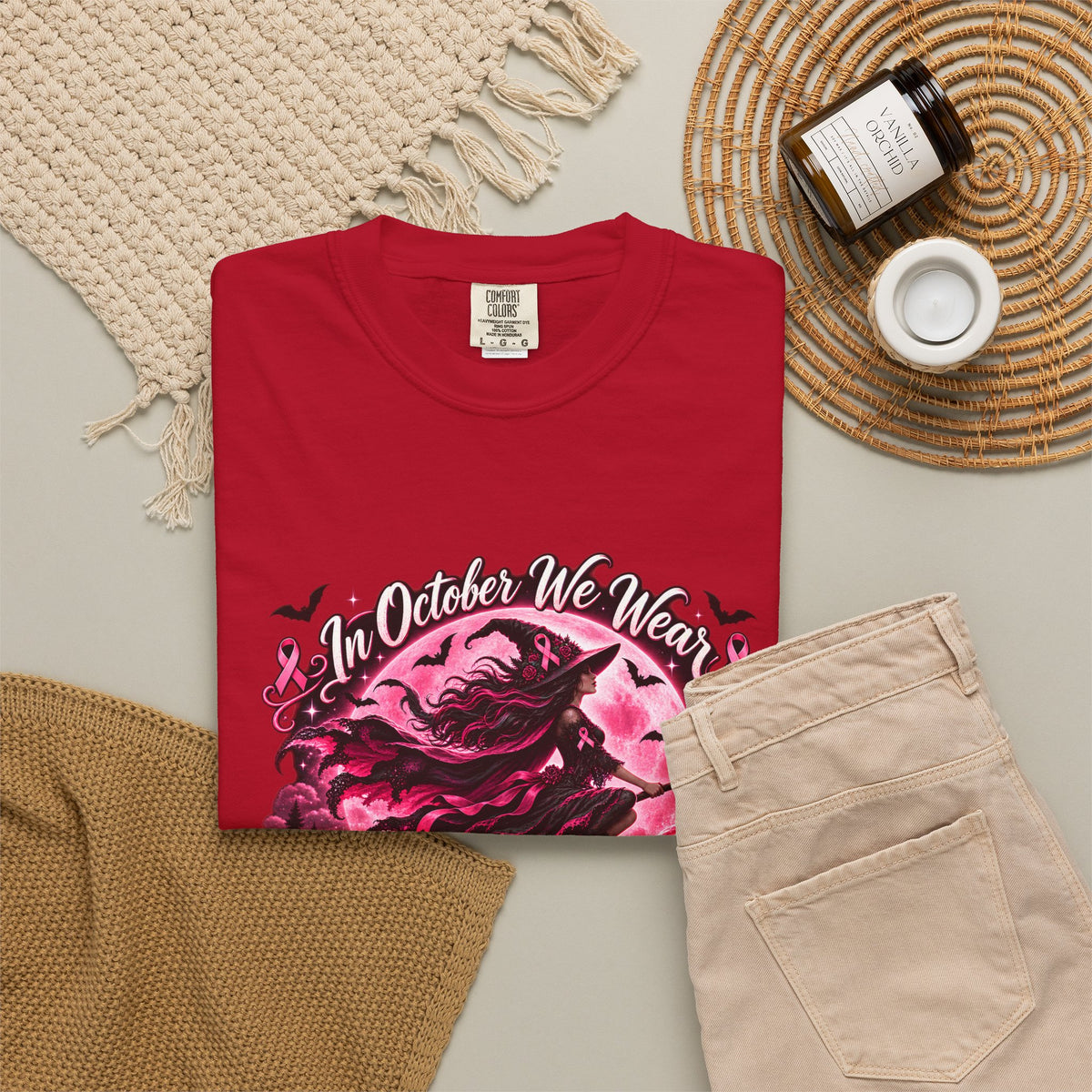Comfort Colors® In October We Wear Pink T-Shirt, Breast Cancer Awareness Witch Gift, Pink Ribbon Halloween, Spooky Survivor Support Shirt