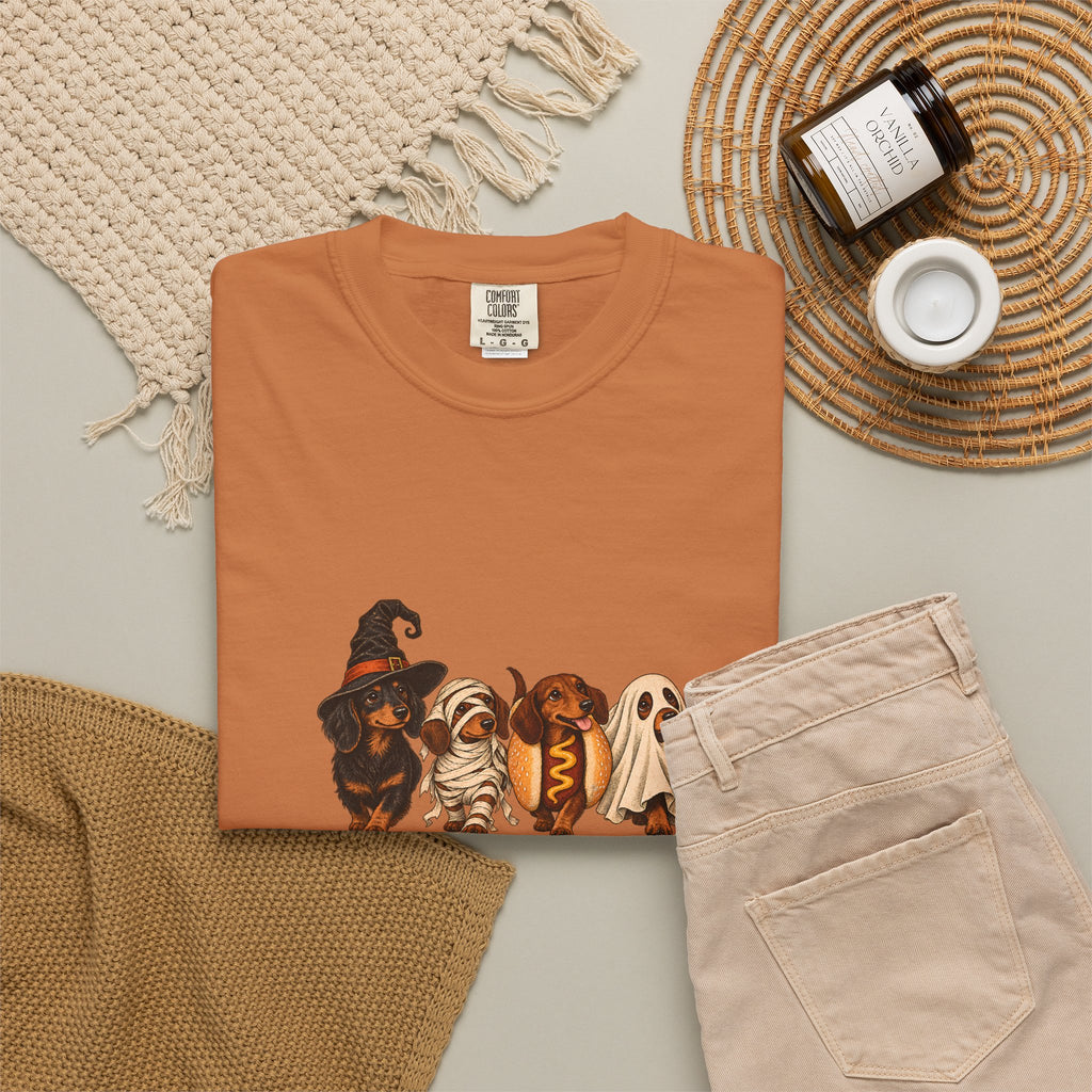 Comfort Colors® Halloween Dachshund T-Shirt, Spooky Wiener Dog Lover Gift, Cute Sausage Dog Costume Shirt, Doxie Halloween Pet Mom Shirt
