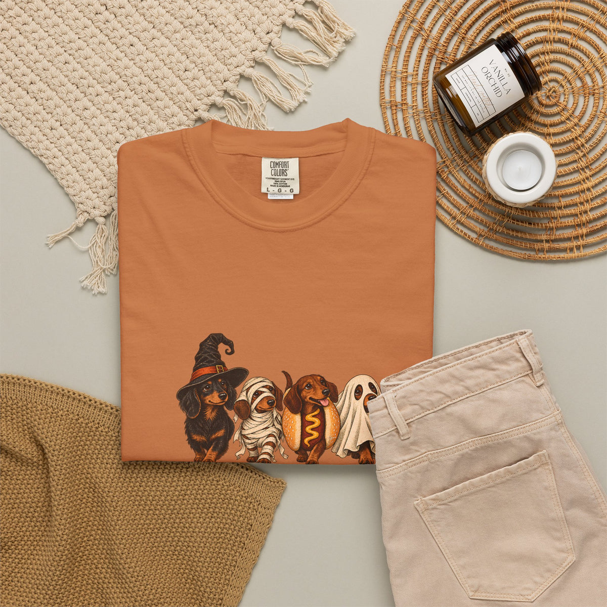 Comfort Colors® Halloween Dachshund T-Shirt, Spooky Wiener Dog Lover Gift, Cute Sausage Dog Costume Shirt, Doxie Halloween Pet Mom Shirt