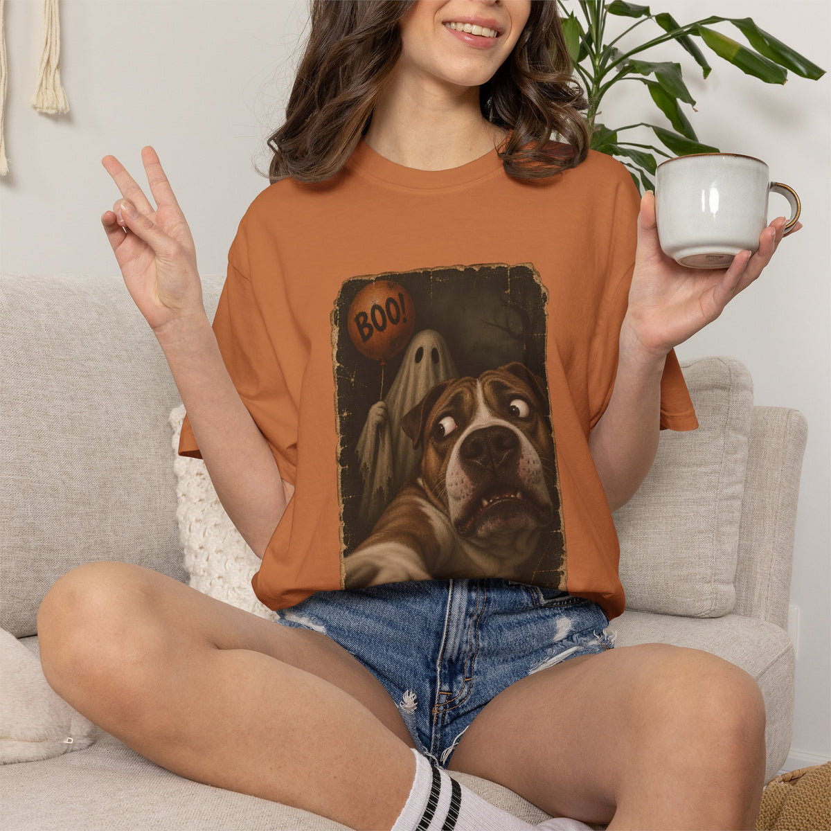 Comfort Colors® Boo Ghost Dog T-Shirt, Funny Halloween Bulldog Lover Gift, Scared Dog Spooky Season Gift, Vintage Pet Selfie Graphic Tee
