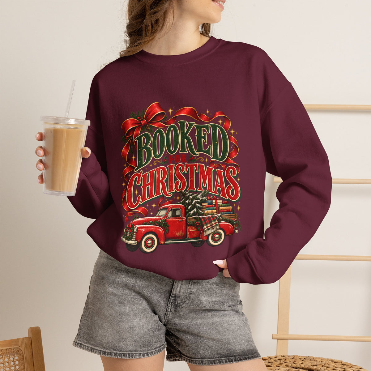Booked for Christmas Sweatshirt, Book Lover Holiday Gift, Vintage Christmas Truck Graphic Sweatshirt, Cozy Reader Christmas Gift for Her