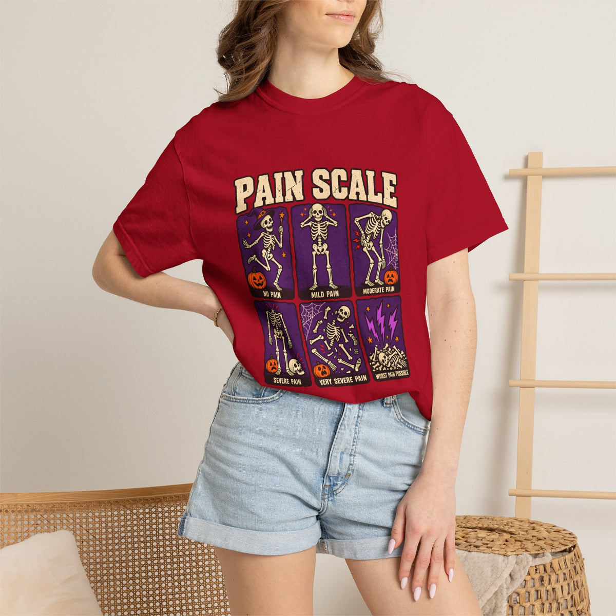 Comfort Colors® Pain Scale Skeleton T-Shirt, Funny Halloween Skeleton Gift, Spooky Medical Humor Gift, Nurse Doctor Halloween Graphic Tee