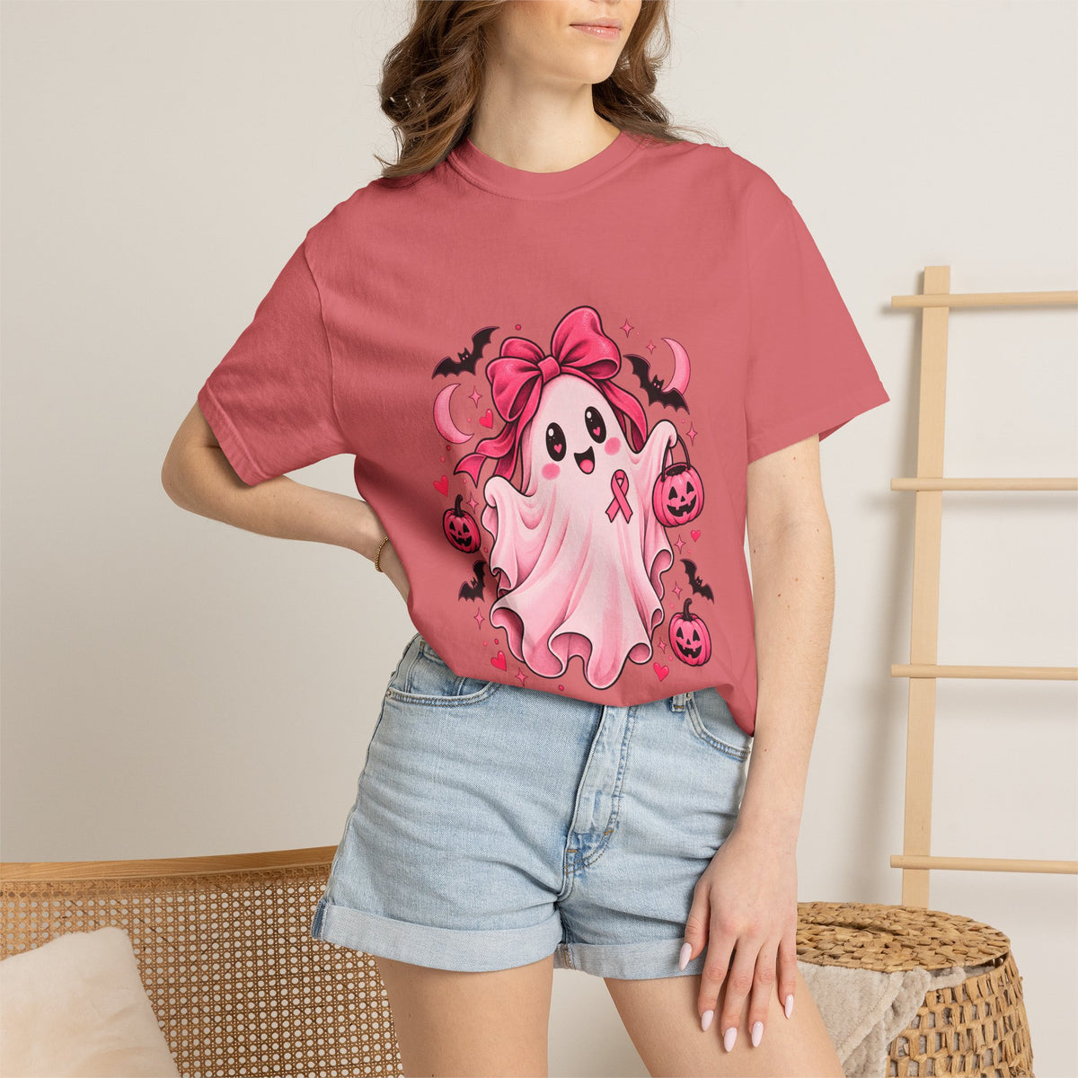 Comfort Colors® Pink Ribbon Ghost T-Shirt, Breast Cancer Awareness Halloween Gift, Cute Spooky Survivor Support Shirt, Pink October Shirt
