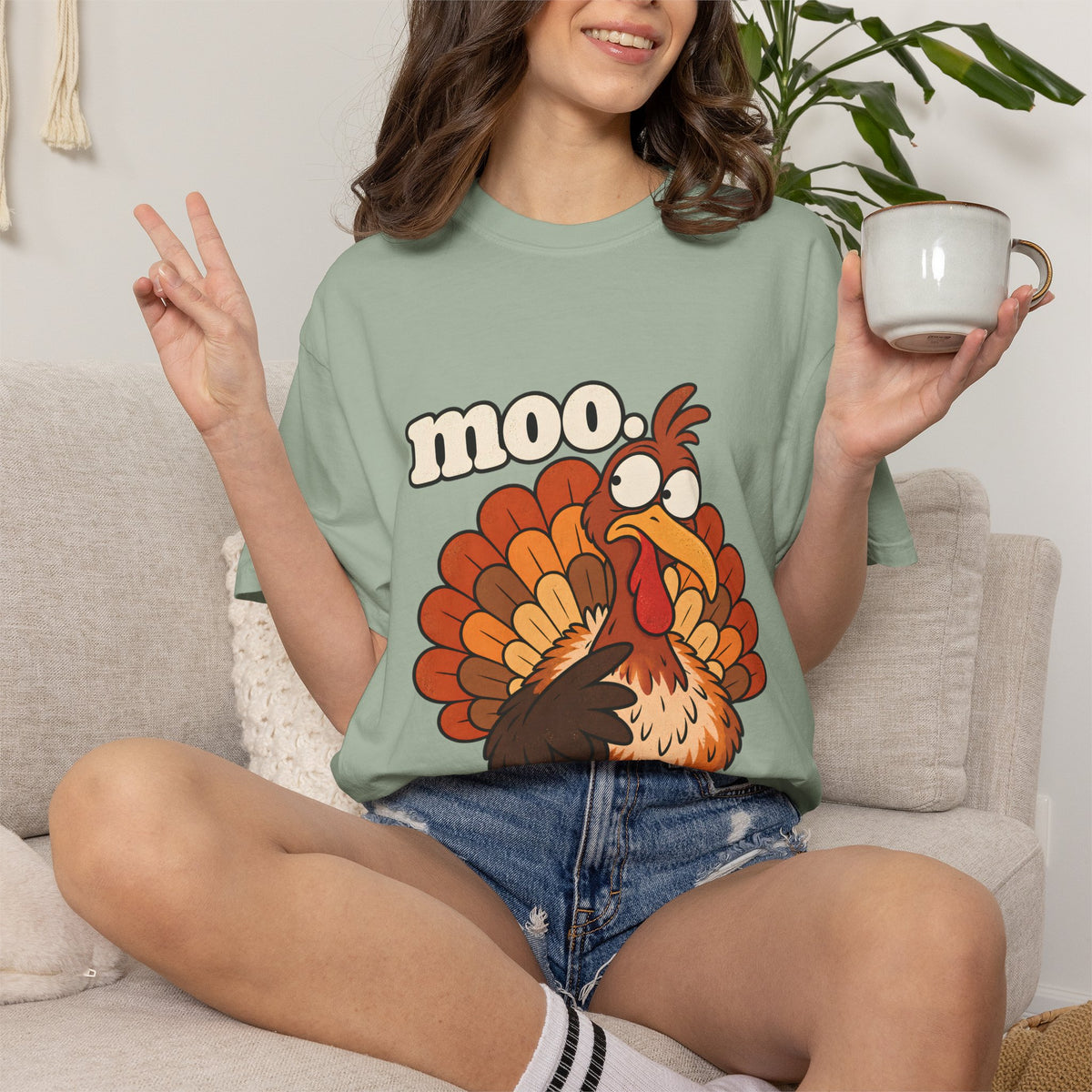 Comfort Colors® Moo Turkey T-Shirt, Funny Thanksgiving Turkey Gift, Cute Cartoon Turkey Lover Gift, Thanksgiving Dinner Graphic Tee