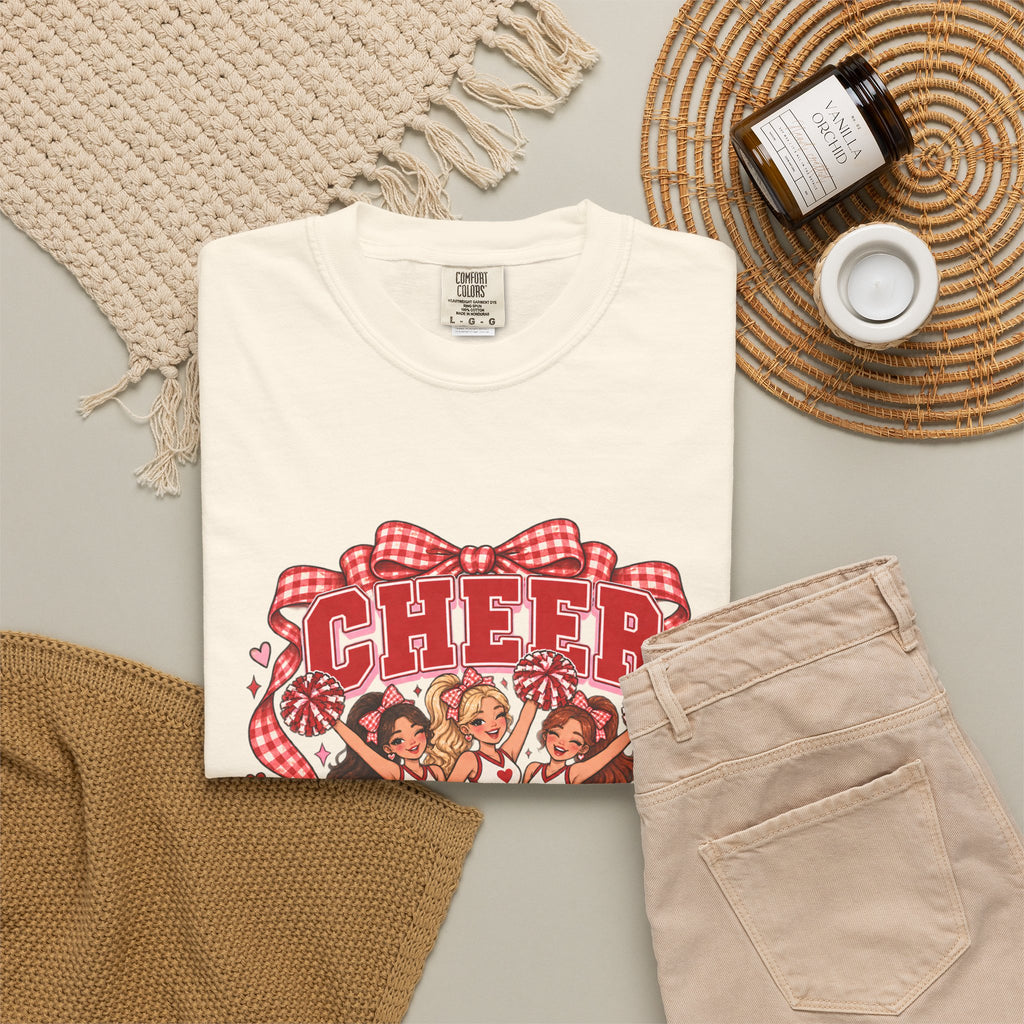 Comfort Colors® Cheer Squad T-Shirt, Red Gingham Bow Cheerleader Gift, Cute Cheer Team Spirit Graphic Tee, Cheerleading Girls Coach Gift