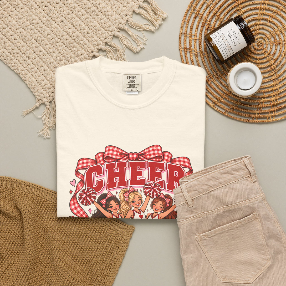 Comfort Colors® Cheer Squad T-Shirt, Red Gingham Bow Cheerleader Gift, Cute Cheer Team Spirit Graphic Tee, Cheerleading Girls Coach Gift
