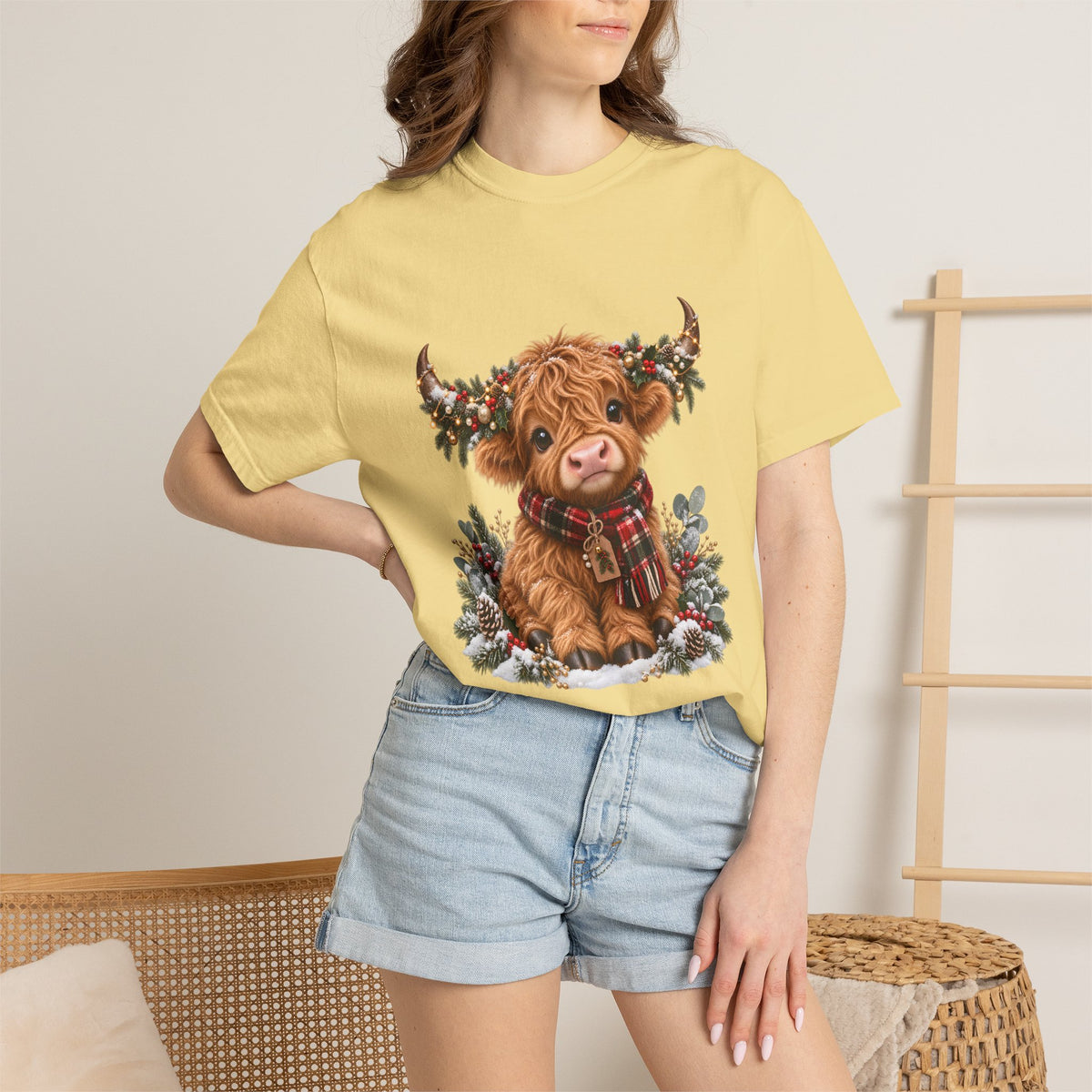 Comfort Colors® Cute Highland Cow Christmas T-Shirt, Festive Cow Lover Gift, Winter Farm Lover Gift, Christmas Farm Animal Gift