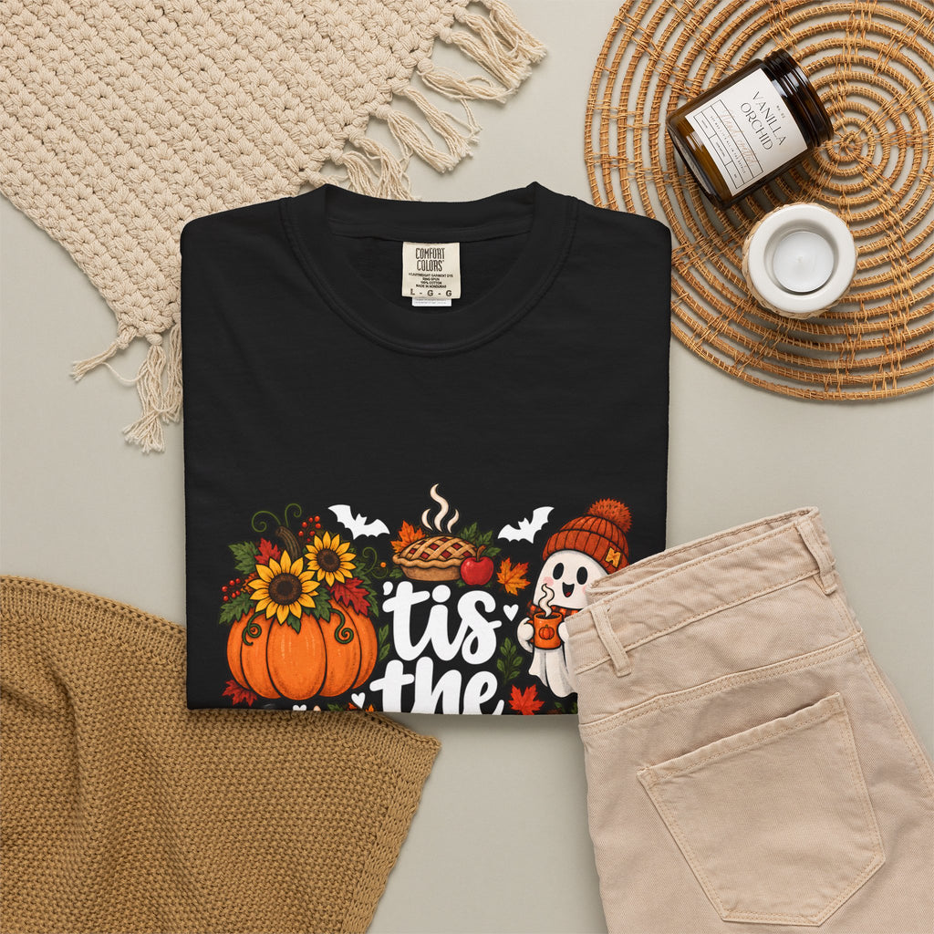 T-shirt Comfort Colors® « Tis the Season », cadeau pour amateur de citrouilles, t-shirt pour l'automne, Thanksgiving et Halloween, t-shirt douillet pour la saison des récoltes pour femmes