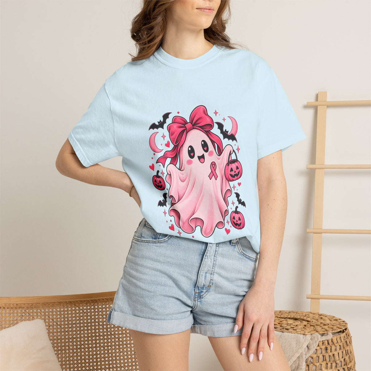 Comfort Colors® Pink Ribbon Ghost T-Shirt, Breast Cancer Awareness Halloween Gift, Cute Spooky Survivor Support Shirt, Pink October Shirt