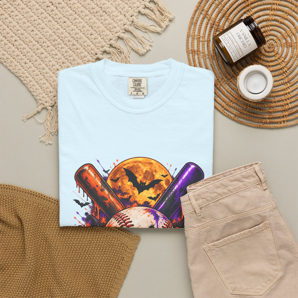 T-shirt de baseball Halloween Comfort Colors®, cadeau de joueur de baseball effrayant, t-shirt graphique pour amateur de baseball citrouille, t-shirt de fan de sport pour Halloween
