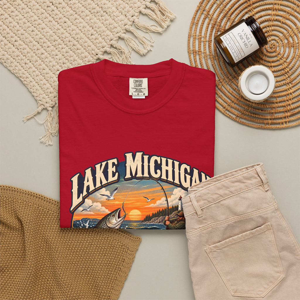 Comfort Colors® Lake Michigan Fishing T-Shirt, Great Lakes Angler Gift, Trout Fisherman Sunset Graphic Tee, Michigan Fishing Lover Shirt
