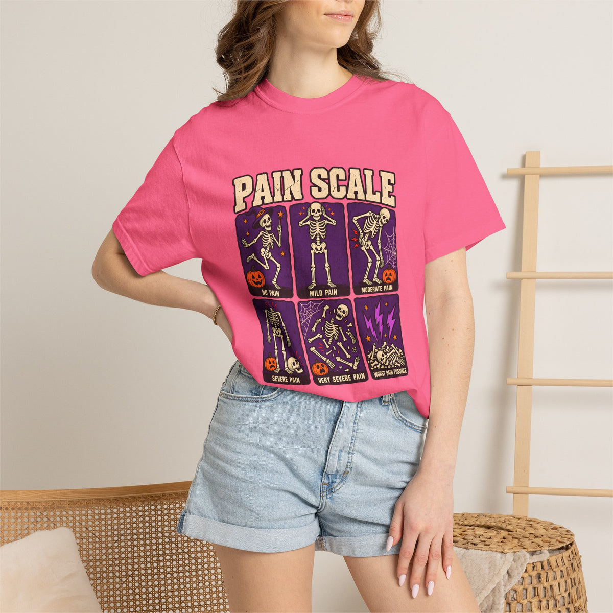 Comfort Colors® Pain Scale Skeleton T-Shirt, Funny Halloween Skeleton Gift, Spooky Medical Humor Gift, Nurse Doctor Halloween Graphic Tee