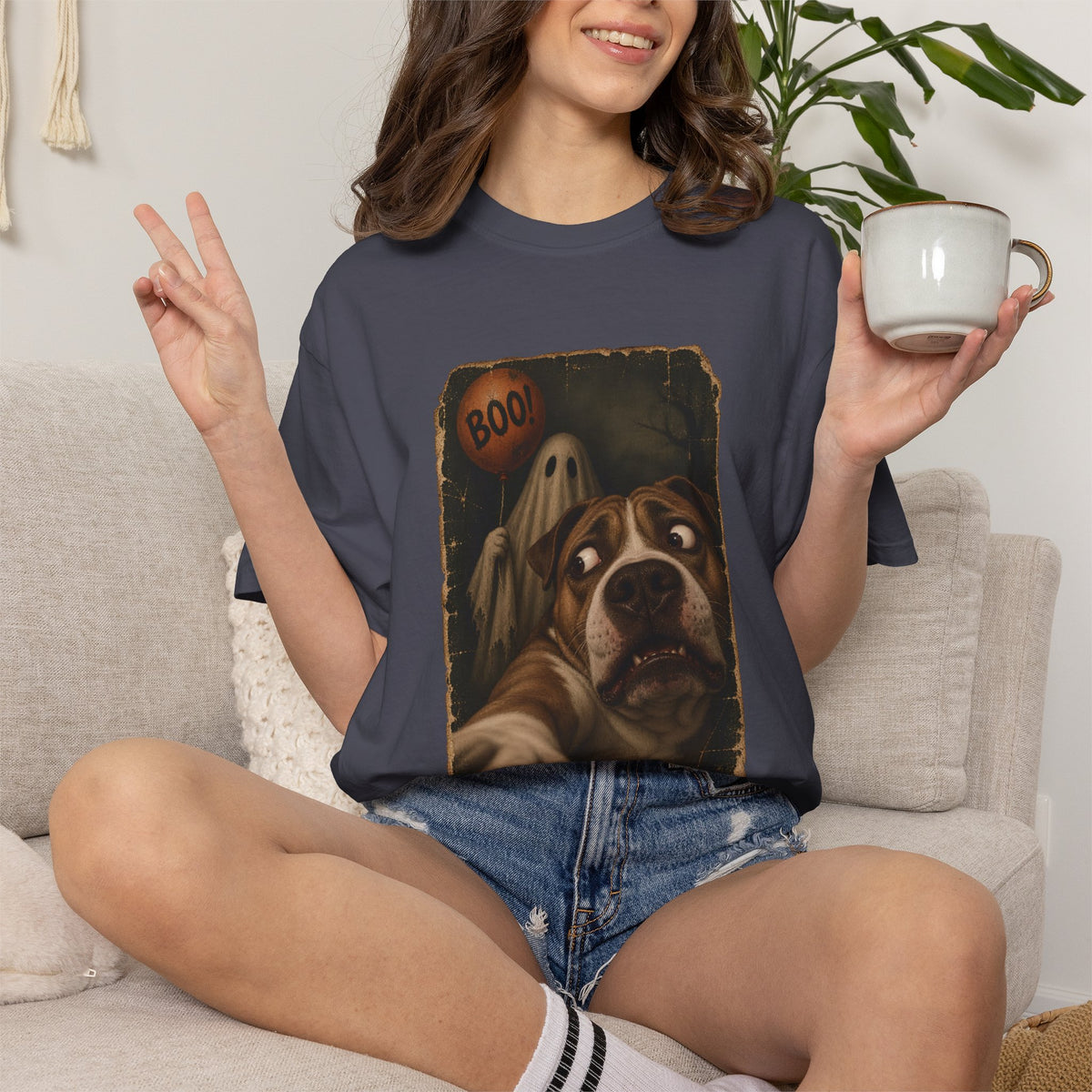 Comfort Colors® Boo Ghost Dog T-Shirt, Funny Halloween Bulldog Lover Gift, Scared Dog Spooky Season Gift, Vintage Pet Selfie Graphic Tee