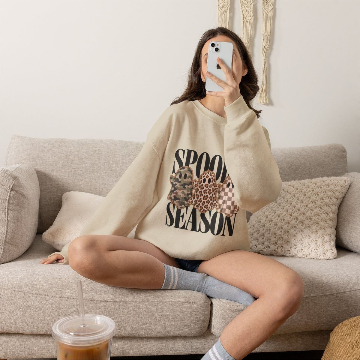 Sweat-shirt « Spooky Season », cadeau d'Halloween fantôme léopard camouflage, sweat-shirt à motif fantôme à carreaux neutres, cadeau pour amateur d'automne effrayant