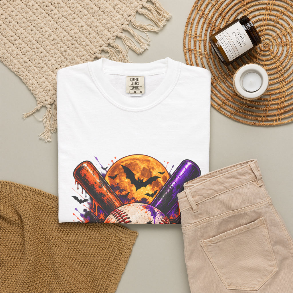 T-shirt de baseball Halloween Comfort Colors®, cadeau de joueur de baseball effrayant, t-shirt graphique pour amateur de baseball citrouille, t-shirt de fan de sport pour Halloween