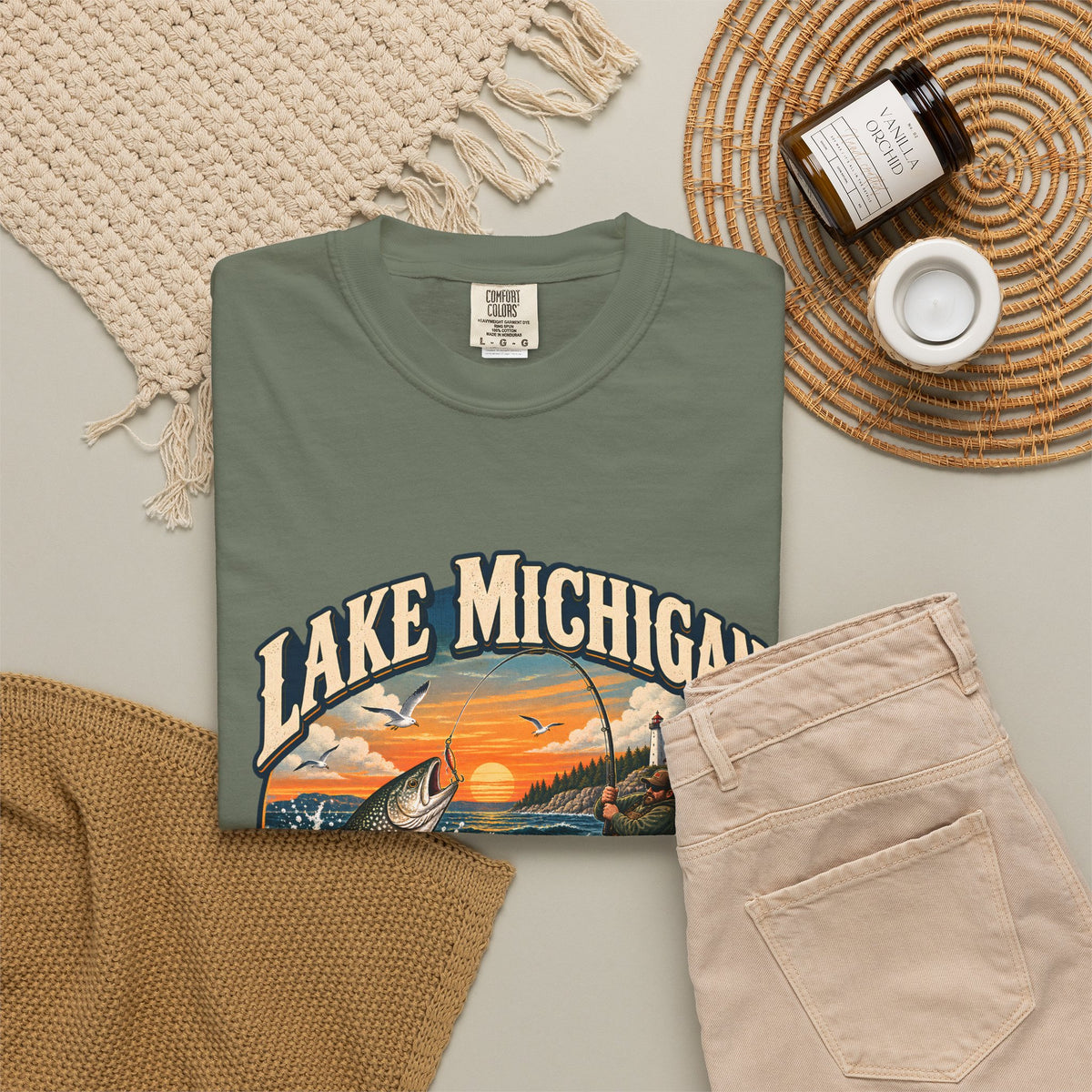 Comfort Colors® Lake Michigan Fishing T-Shirt, Great Lakes Angler Gift, Trout Fisherman Sunset Graphic Tee, Michigan Fishing Lover Shirt