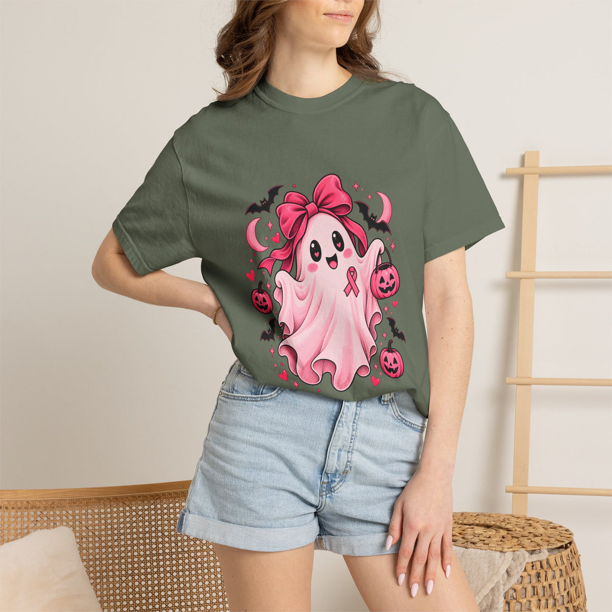 Comfort Colors® Pink Ribbon Ghost T-Shirt, Breast Cancer Awareness Halloween Gift, Cute Spooky Survivor Support Shirt, Pink October Shirt