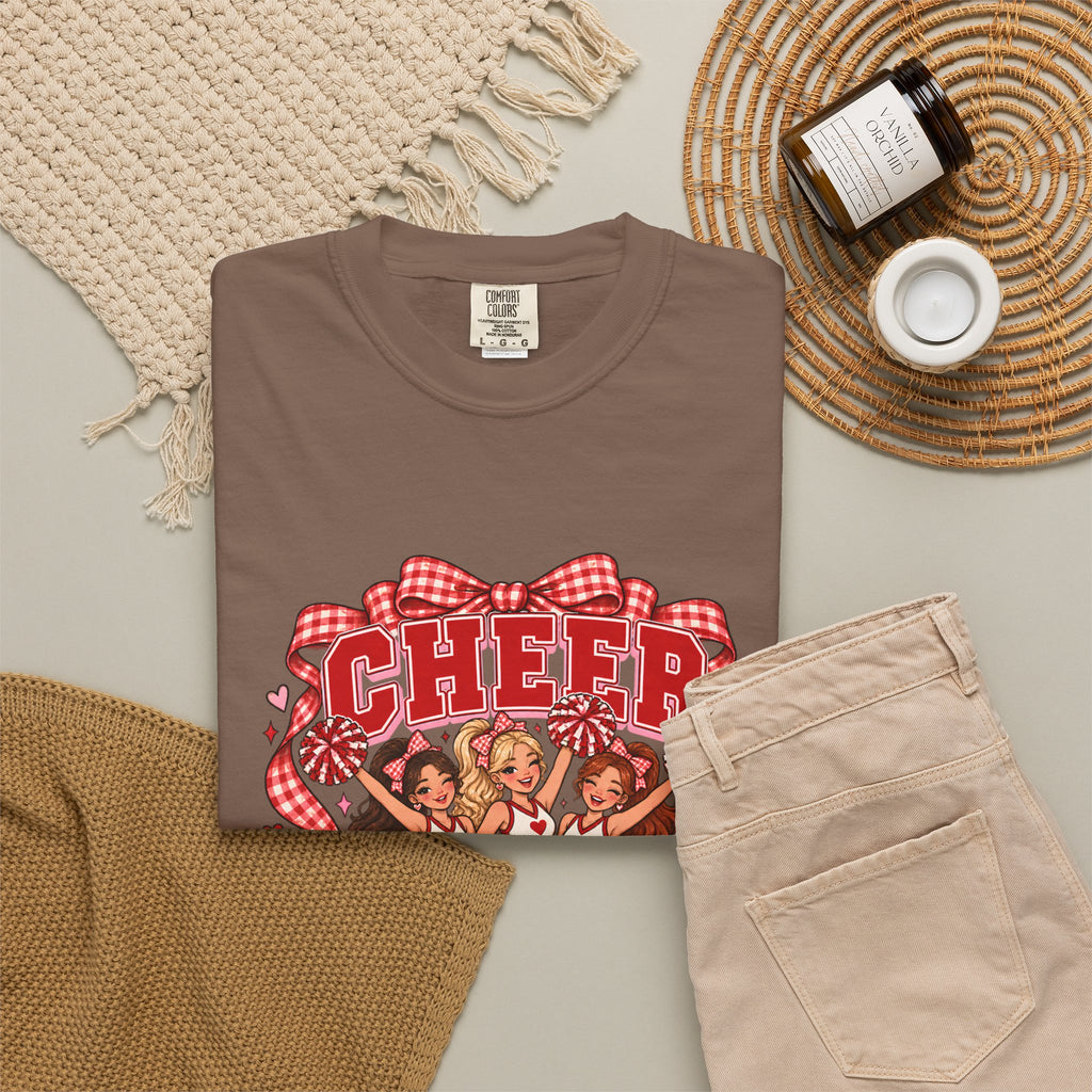 Comfort Colors® Cheer Squad T-Shirt, Red Gingham Bow Cheerleader Gift, Cute Cheer Team Spirit Graphic Tee, Cheerleading Girls Coach Gift
