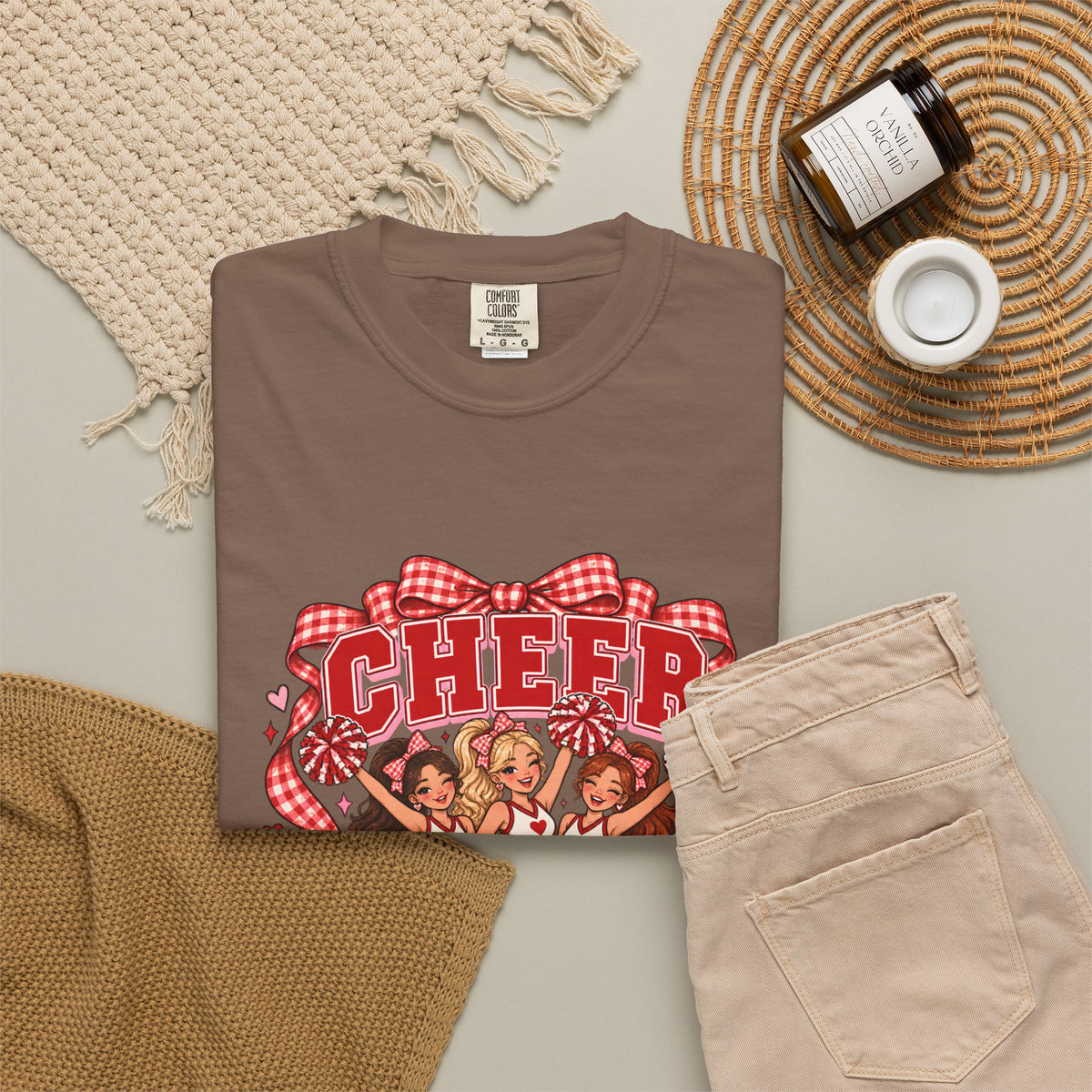 Comfort Colors® Cheer Squad T-Shirt, Red Gingham Bow Cheerleader Gift, Cute Cheer Team Spirit Graphic Tee, Cheerleading Girls Coach Gift