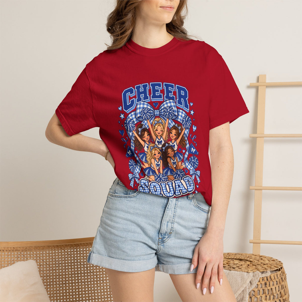 Comfort Colors® Cheer Squad T-Shirt, Blue Gingham Cheerleader Gift, Cheer Team Spirit Graphic Tee, Cute Cheerleading Girls Coach Gift