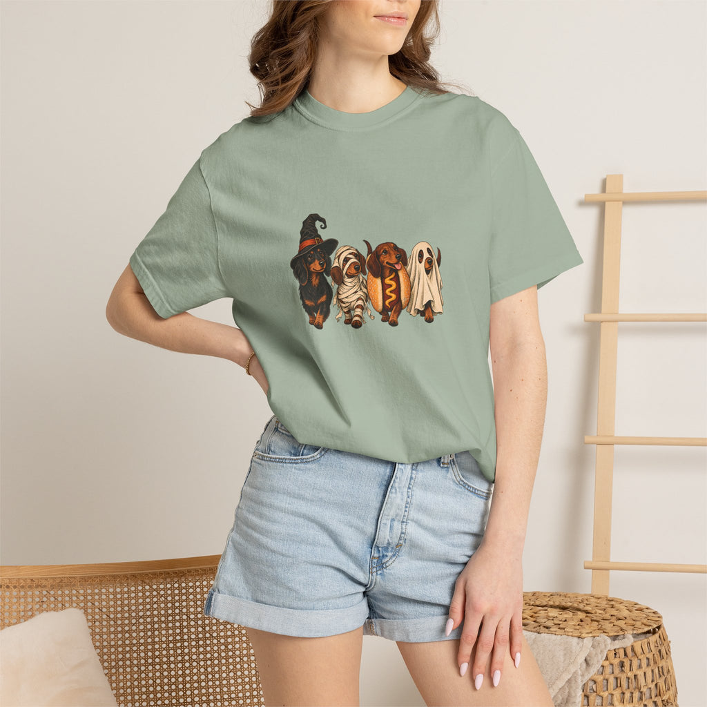 Comfort Colors® Halloween Dachshund T-Shirt, Spooky Wiener Dog Lover Gift, Cute Sausage Dog Costume Shirt, Doxie Halloween Pet Mom Shirt