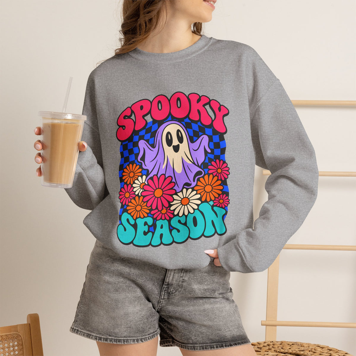 Spooky Season ghost floral Sweatshirt, Cute Ghost Halloween Gift, Colorful Floral Ghost Graphic Tee, Spooky Season Lover Gift