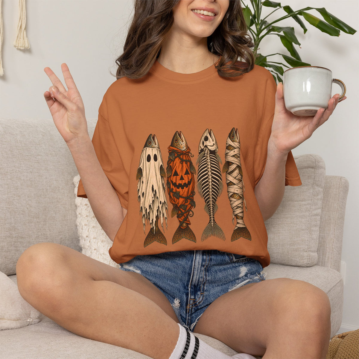 Comfort Colors® Halloween Fish T-Shirt, Spooky Fisherman Gift, Ghost Pumpkin Skeleton Fish Gift, Vintage Fishing Lover Graphic Tee