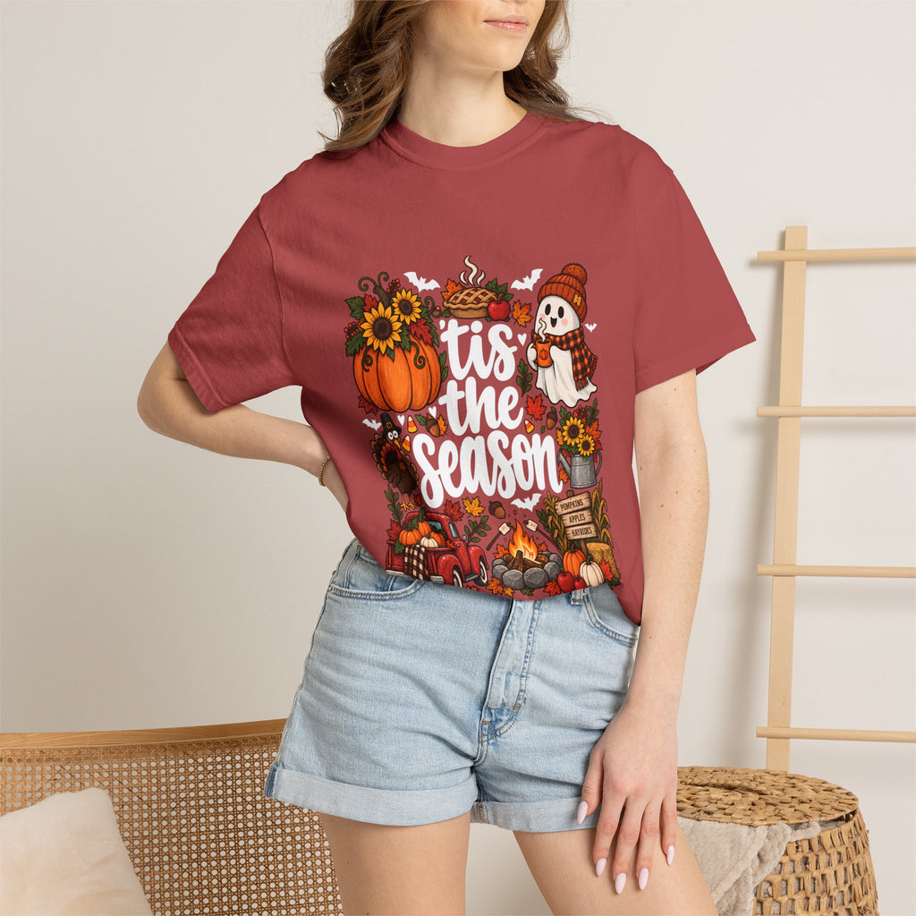 T-shirt Comfort Colors® « Tis the Season », cadeau pour amateur de citrouilles, t-shirt pour l'automne, Thanksgiving et Halloween, t-shirt douillet pour la saison des récoltes pour femmes