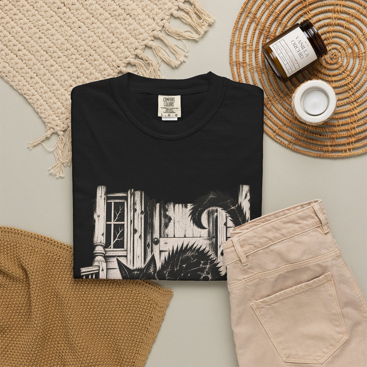 Comfort Colors® Vintage Black Cat Halloween T-Shirt, Spooky Cat Lover Gift, Retro Jack O Lantern Graphic Tee, Gothic Halloween Kitty Gift