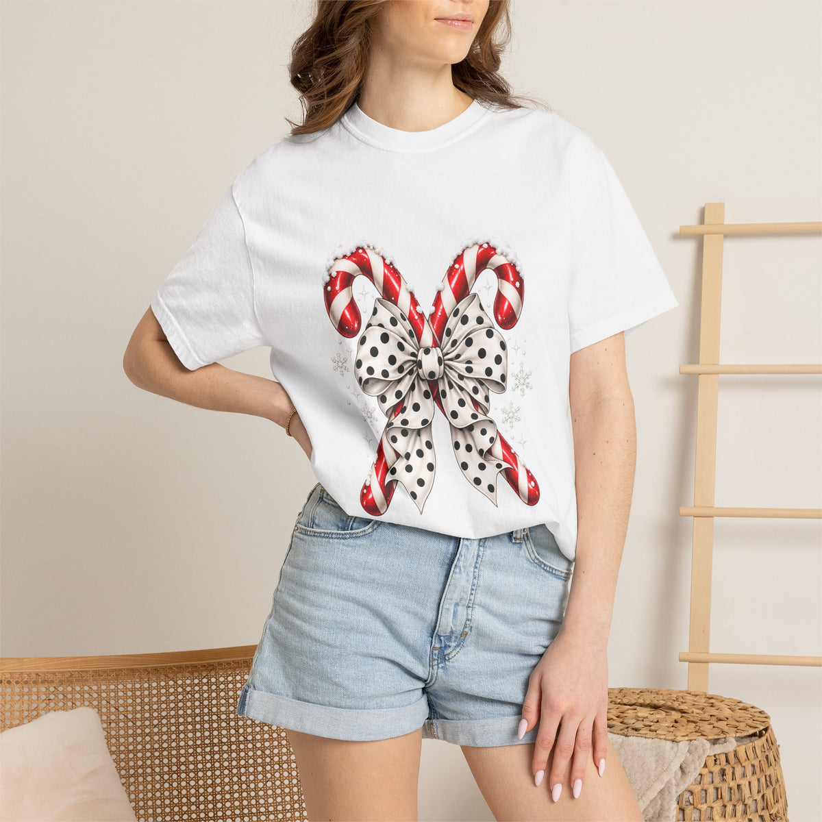 Comfort Colors® Candy Cane Bow T-Shirt, Coquette Christmas Lover Gift, Candy Cane Coquette Shirt, Cute Festive Candy Cane Gift for Her
