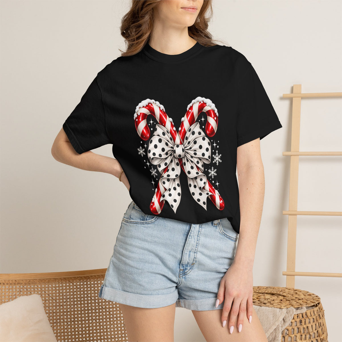 Comfort Colors® Candy Cane Bow T-Shirt, Coquette Christmas Lover Gift, Candy Cane Coquette Shirt, Cute Festive Candy Cane Gift for Her