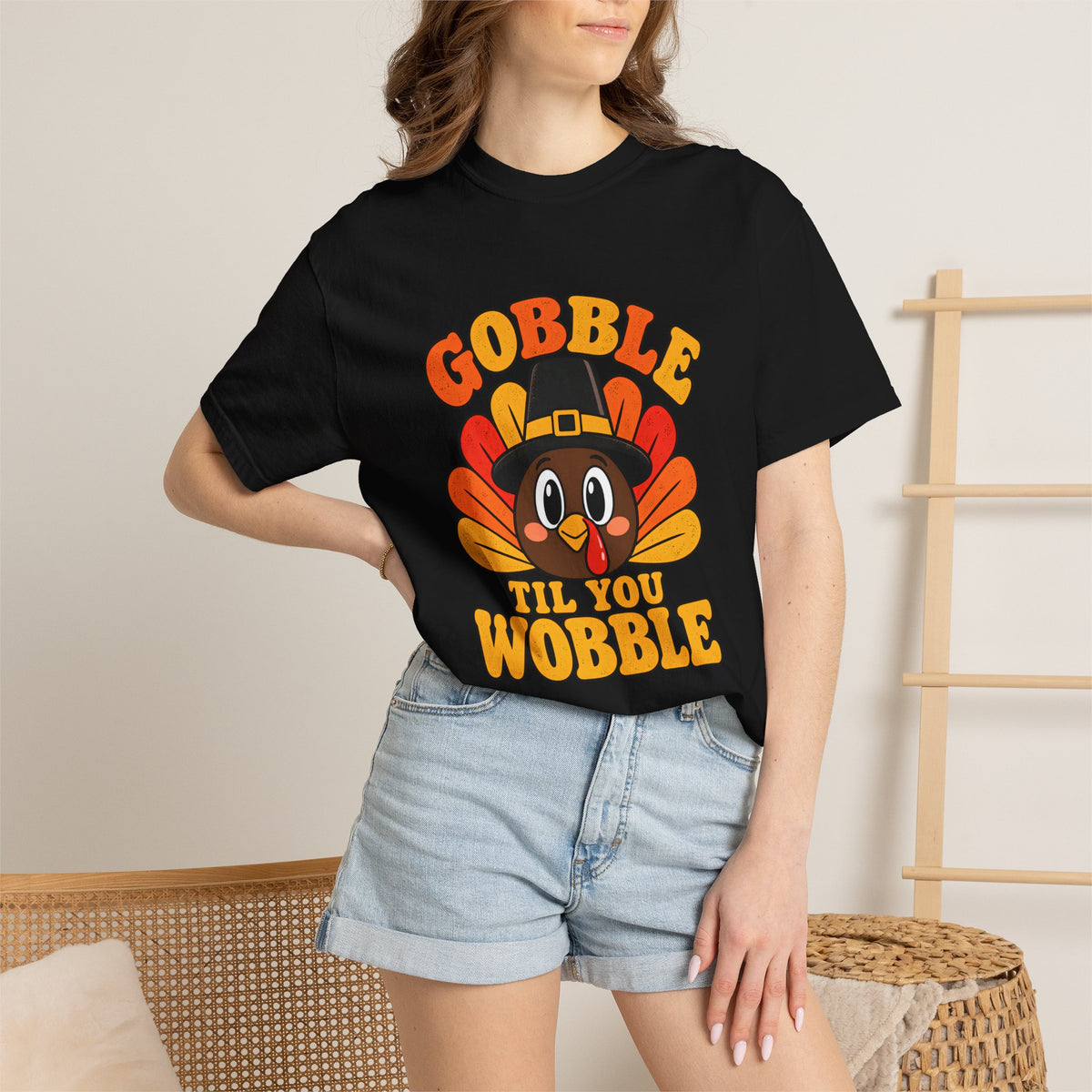 Comfort Colors® Gobble Til You Wobble T-Shirt, Funny Thanksgiving Turkey Gift, Retro Family Dinner Humor Gift, Cute Fall Turkey Graphic Tee