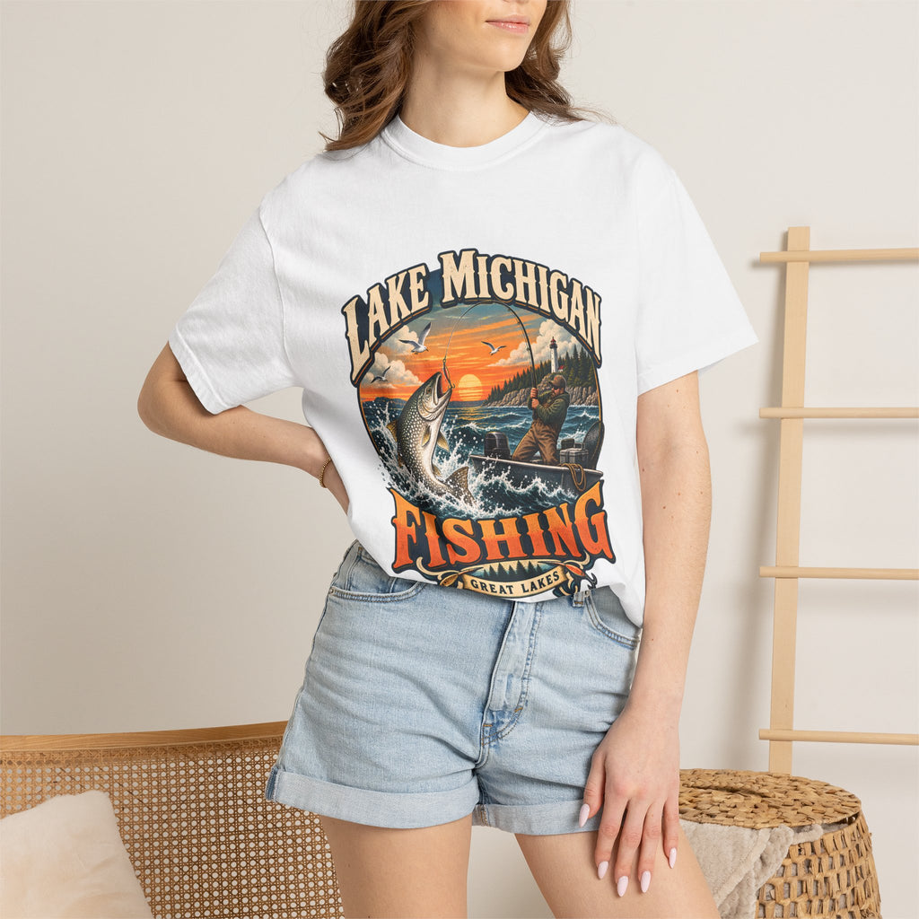Comfort Colors® Lake Michigan Fishing T-Shirt, Great Lakes Angler Gift, Trout Fisherman Sunset Graphic Tee, Michigan Fishing Lover Shirt