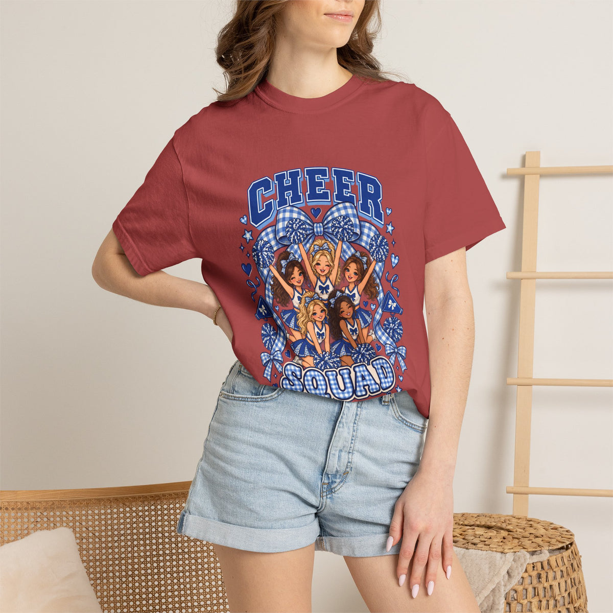 Comfort Colors® Cheer Squad T-Shirt, Blue Gingham Cheerleader Gift, Cheer Team Spirit Graphic Tee, Cute Cheerleading Girls Coach Gift