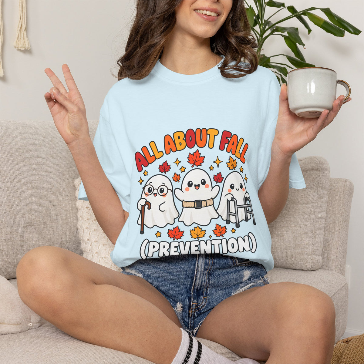 Comfort Colors® All About Fall Prevention T-Shirt, Funny Physical Therapist Gift, Occupational Therapy Humor Gift, Cute Autumn Ghost