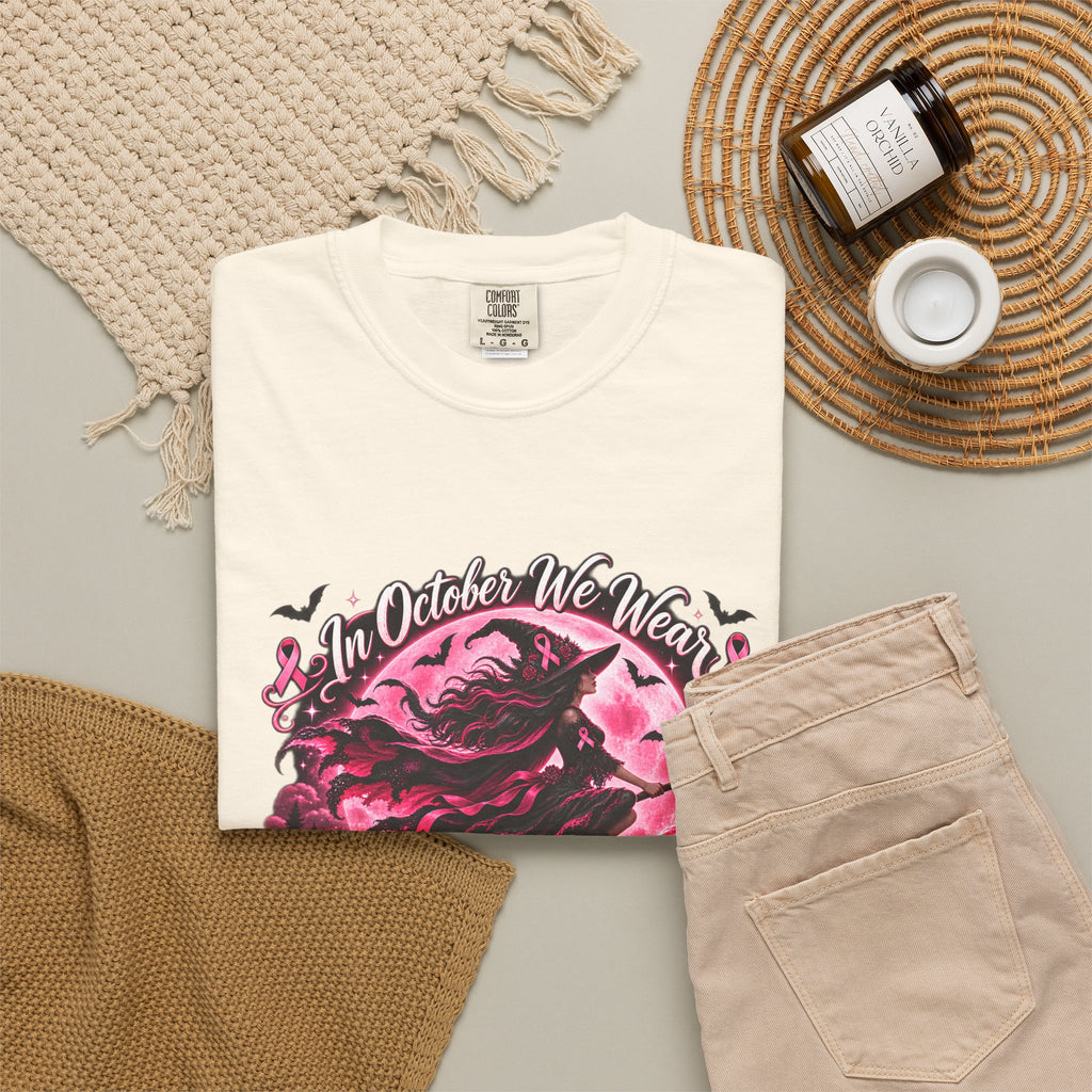 Comfort Colors® In October We Wear Pink T-Shirt, Breast Cancer Awareness Witch Gift, Pink Ribbon Halloween, Spooky Survivor Support Shirt