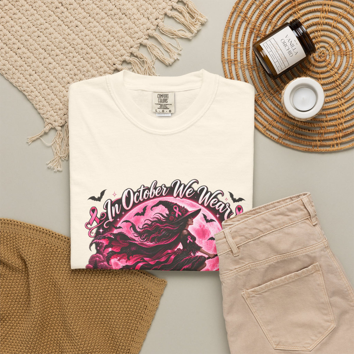 Comfort Colors® In October We Wear Pink T-Shirt, Breast Cancer Awareness Witch Gift, Pink Ribbon Halloween, Spooky Survivor Support Shirt