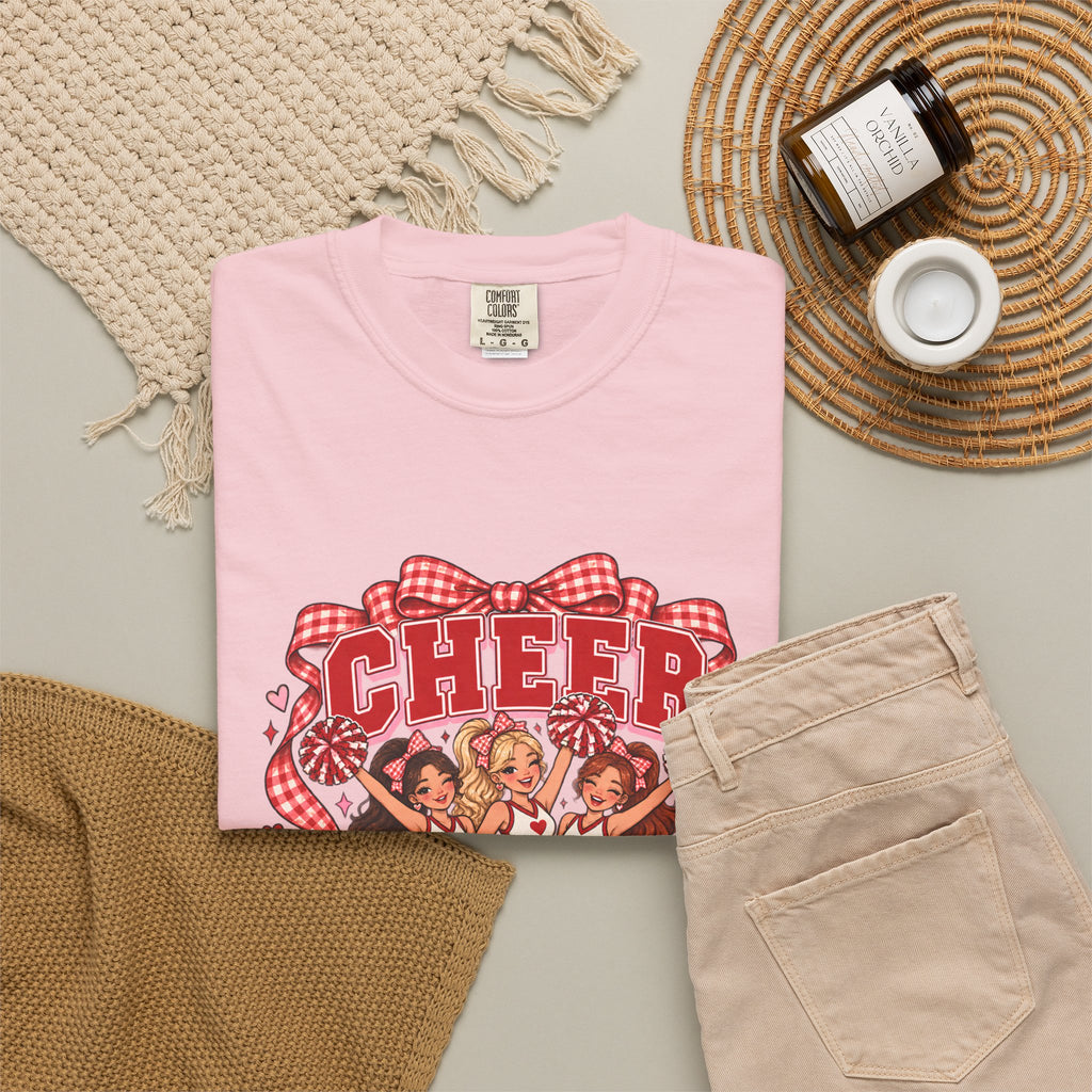 Comfort Colors® Cheer Squad T-Shirt, Red Gingham Bow Cheerleader Gift, Cute Cheer Team Spirit Graphic Tee, Cheerleading Girls Coach Gift