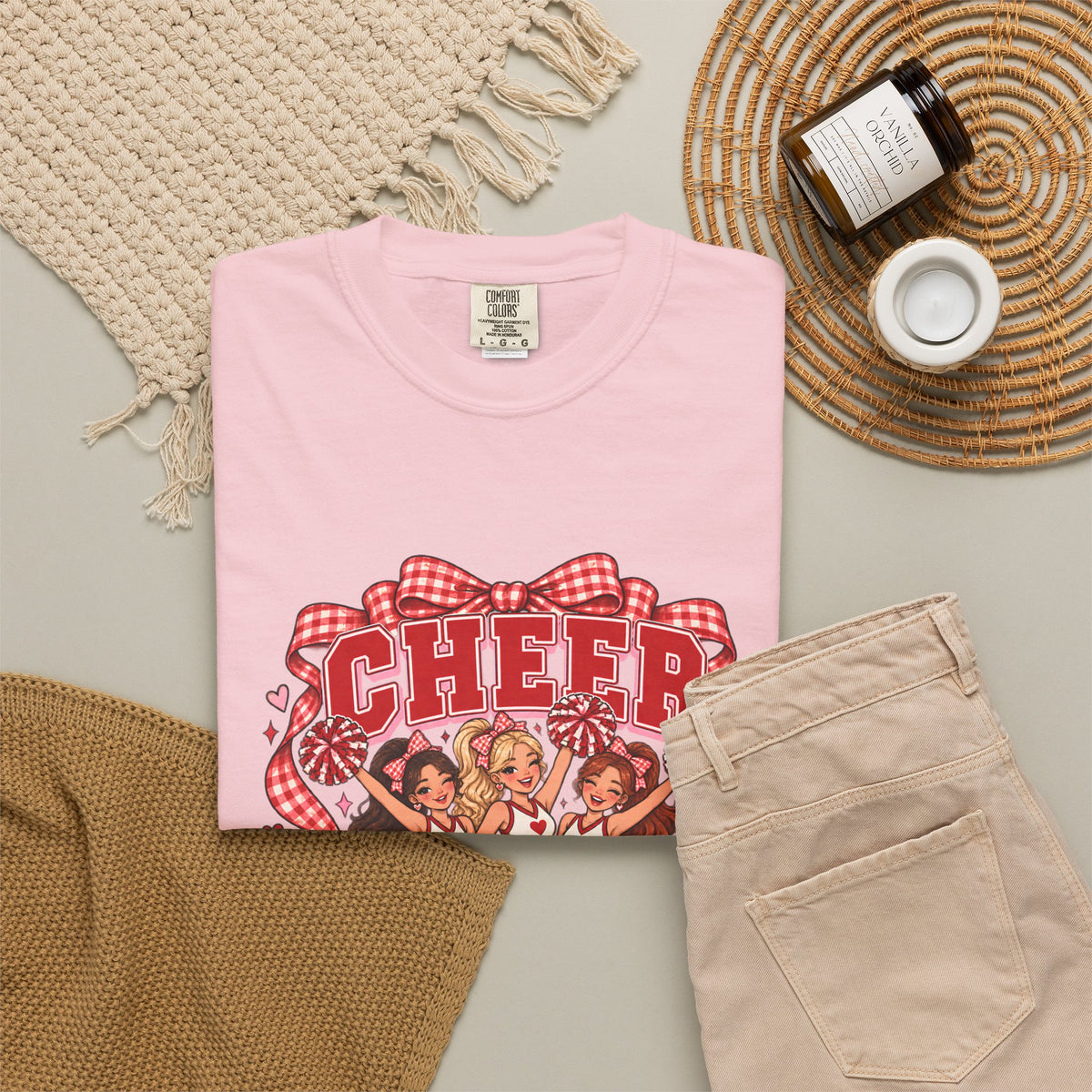 Comfort Colors® Cheer Squad T-Shirt, Red Gingham Bow Cheerleader Gift, Cute Cheer Team Spirit Graphic Tee, Cheerleading Girls Coach Gift