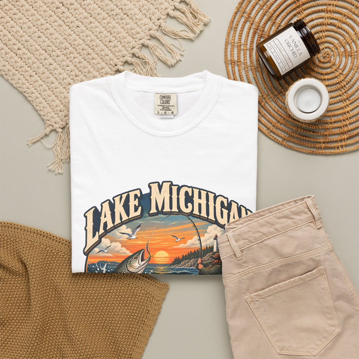 Comfort Colors® Lake Michigan Fishing T-Shirt, Great Lakes Angler Gift, Trout Fisherman Sunset Graphic Tee, Michigan Fishing Lover Shirt