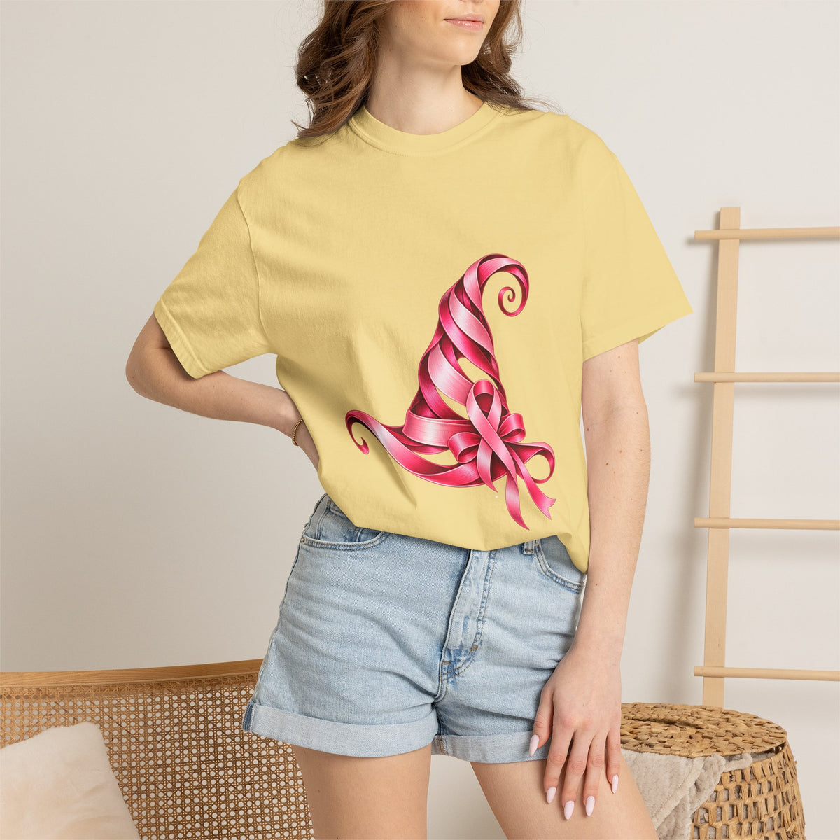 Comfort Colors® Pink Ribbon Witch Hat T-Shirt, Breast Cancer Awareness Gift, Halloween Survivor Support Tee, Pink October Witchy Shirt